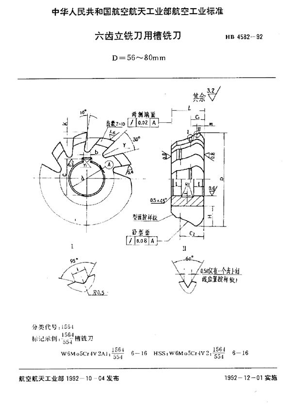 HB 4582-1992 六齿立铣刀用槽铣刀 D=56～80mm