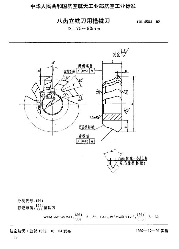 HB 4584-1992 八齿立铣刀用槽铣刀 D=75～90mm