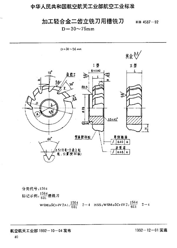 HB 4587-1992 加工轻合金二齿立铣刀用槽铣刀 D=30～75mm