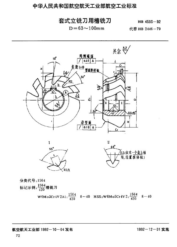 HB 4593-1992 套式立铣刀用槽铣刀 D=63～100mm