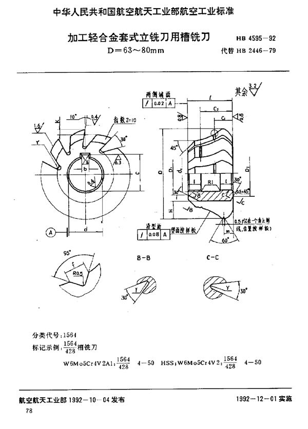 HB 4595-1992 加工轻合金套式立铣刀用槽铣刀 D=63～80mm