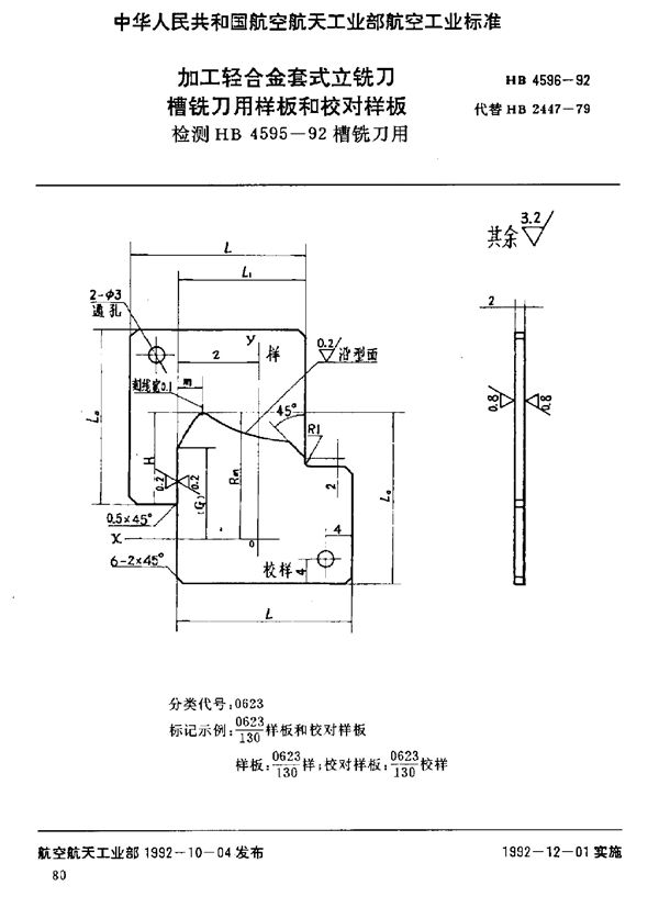 HB 4596-1992 加工轻合金套式立铣刀槽铣刀用样板和校对样板 检测HB 4595-92槽铣刀用