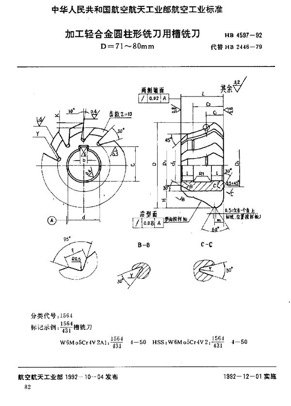 HB 4597-1992 加工轻合金圆柱形铣刀用槽铣刀 D=71～80mm