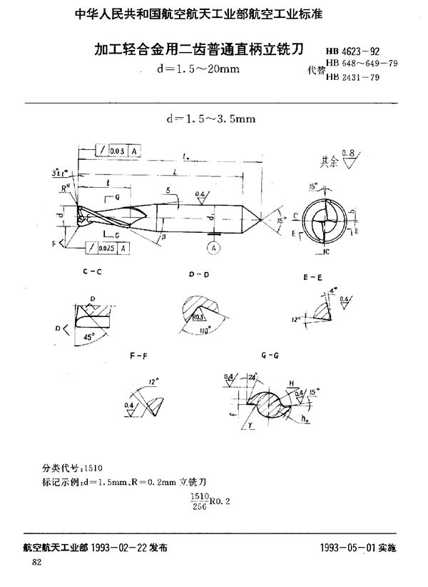 HB 4623-1992 加工轻合金用二齿普通直柄立铣刀 d=1.5～20mm