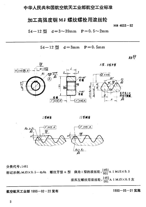 HB 4633-1992 加工高强度钢MJ螺纹螺栓用滚丝轮