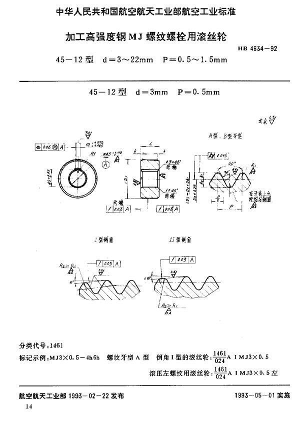 HB 4634-1992 加工高强度钢MJ螺纹螺栓用滚丝轮