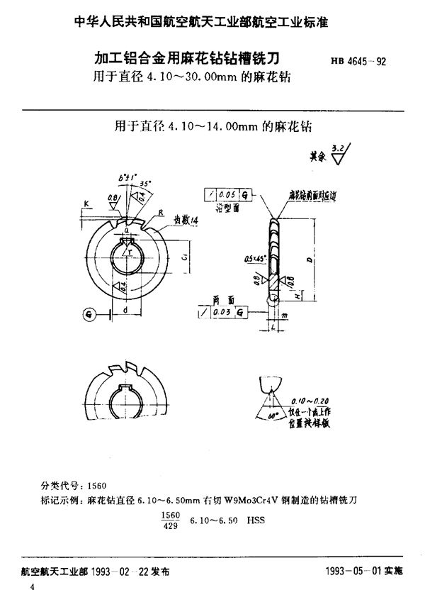 HB 4645-1992 加工铝合金用麻花钻钻槽铣刀