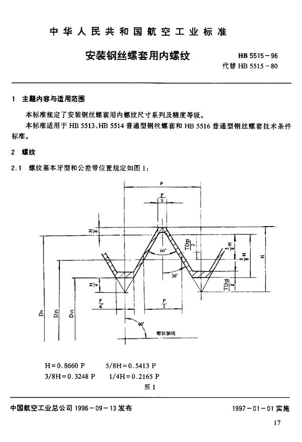 HB 5515-1996 安装钢丝螺套用内螺纹