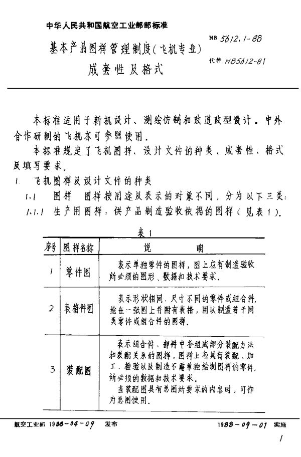 HB 5612.1-1988 基本产品图样管理制度(飞机专业) 成套性及格式