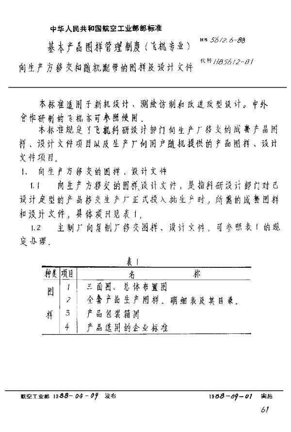 HB 5612.6-1988 基本产品图样管理制度(飞机专业)向生产方移交随机配带的图样及设计文件