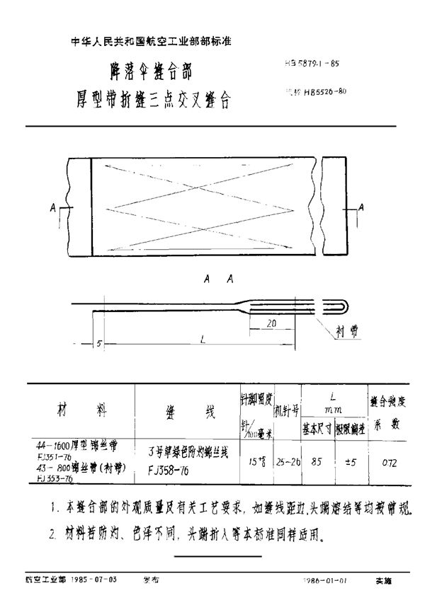 HB 5879.1-1985 降落伞缝合部 厚型带折缝三点叉缝合