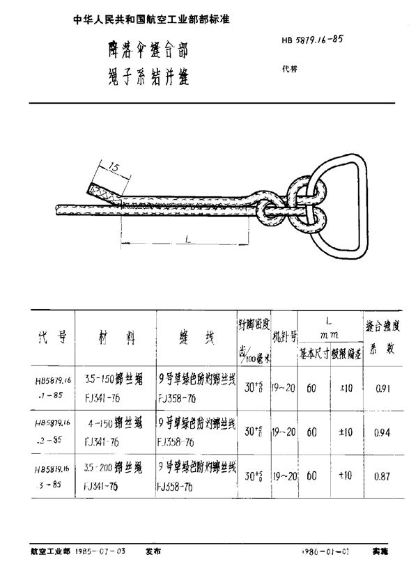 HB 5879.16-1985 降落伞缝合部 绳子系结并缝