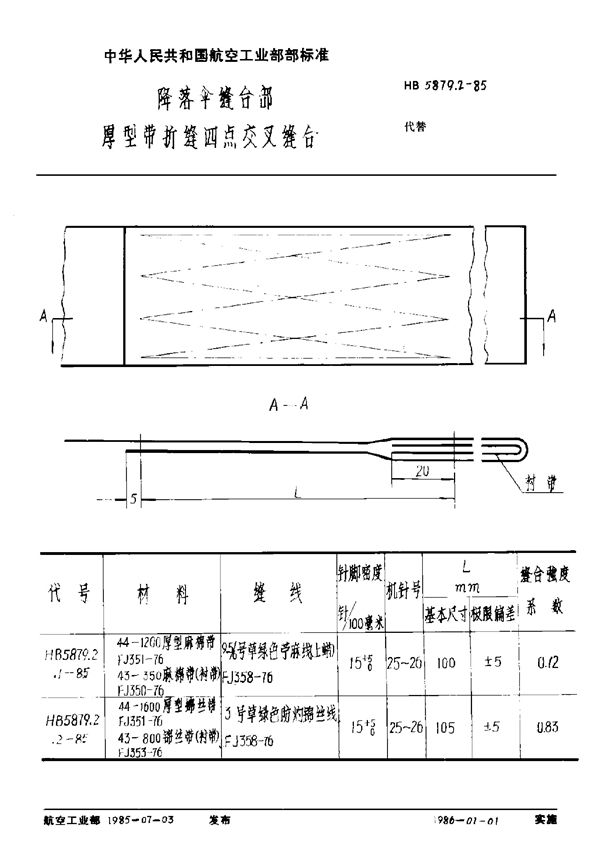 HB 5879.2-1985 降落伞缝合部 厚型带折缝四点交叉缝合