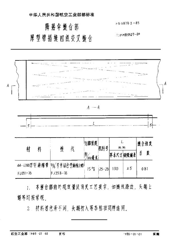 HB 5879.3-1985 降落伞缝合部 厚型带搭缝四点交叉缝合