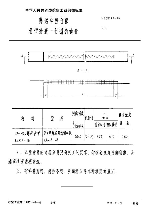 HB 5879.7-1985 降落伞缝合部 套带搭缝一行锯齿缝合