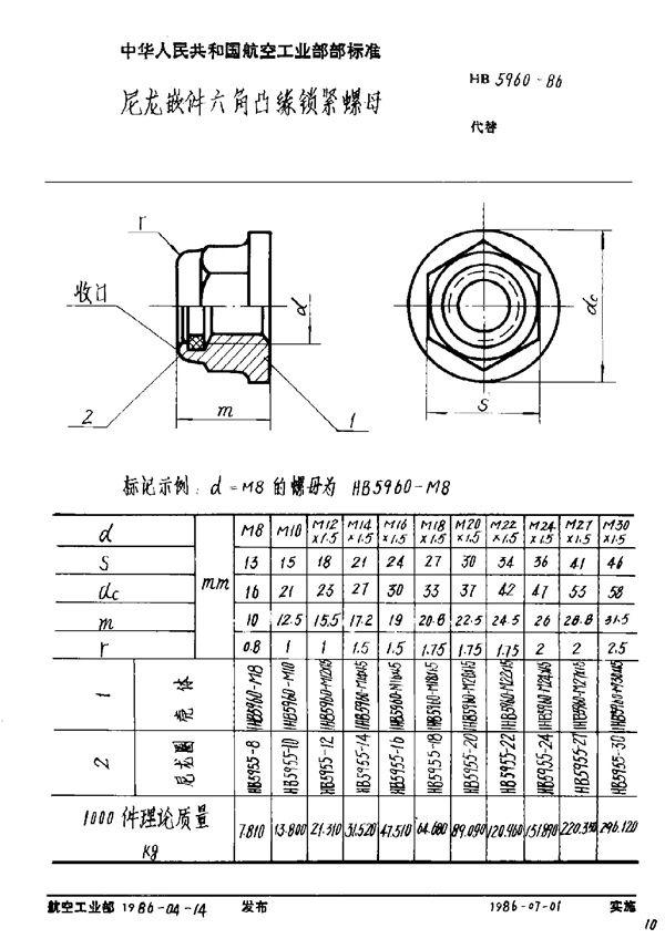 HB 5960-1986 尼龙嵌件六角凸缘锁紧螺母