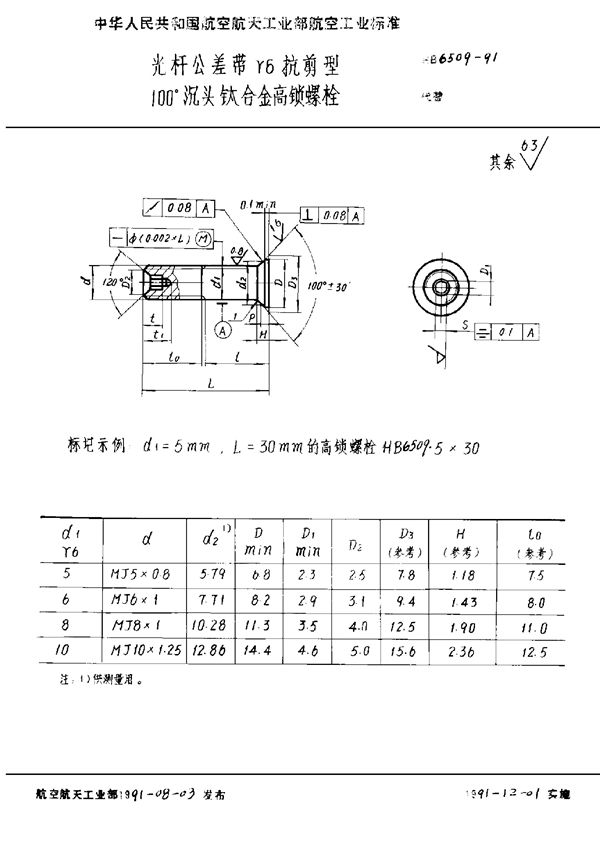 HB 6509-1991 光杆公差带r6抗剪型100°沉头钛合金高锁螺栓