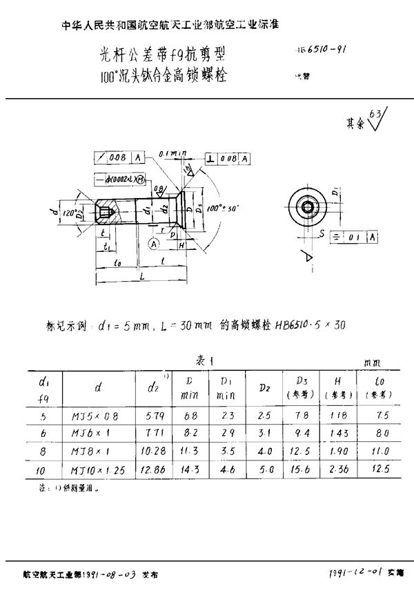 HB 6510-1991 光杆公差带f9抗剪型100°沉头钛合金高锁螺栓