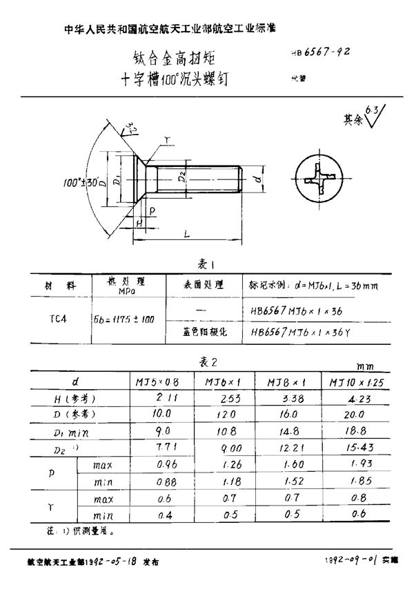 HB 6567-1992 钛合金高扭矩十字槽100°沉头螺钉