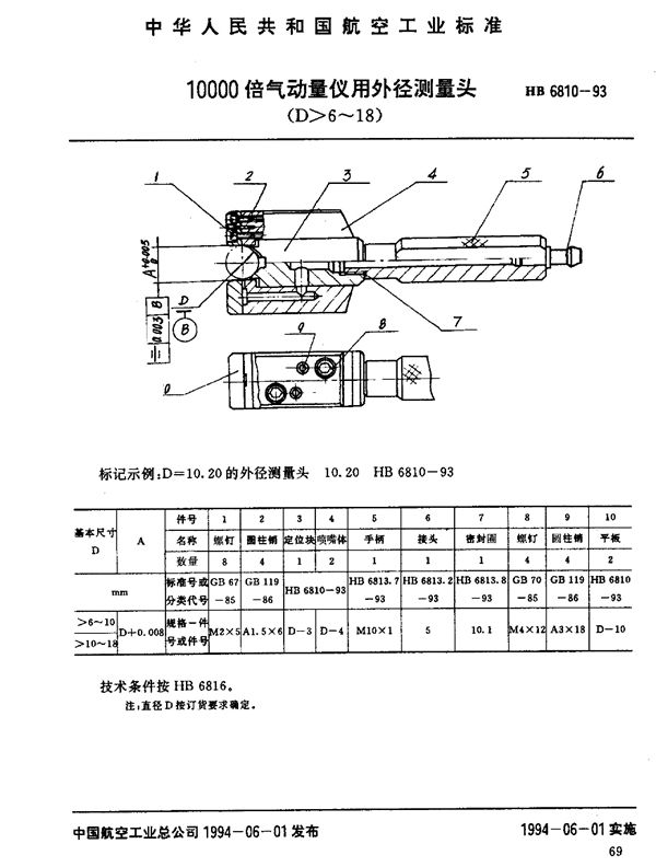 HB 6810-1993 10000倍气动量仪用外径测量头