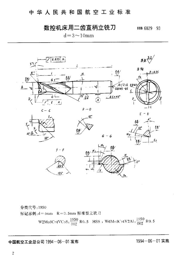 HB 6829-1993 数控机床用二齿直柄立铣刀