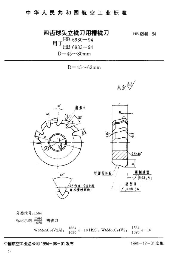 HB 6940-1994 四齿球头立铣刀用槽铣刀