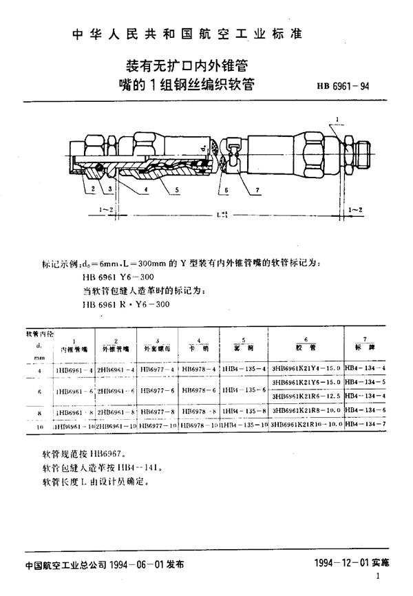 HB 6961-1994 装有无扩口内外锥管嘴的1组钢丝编织软管