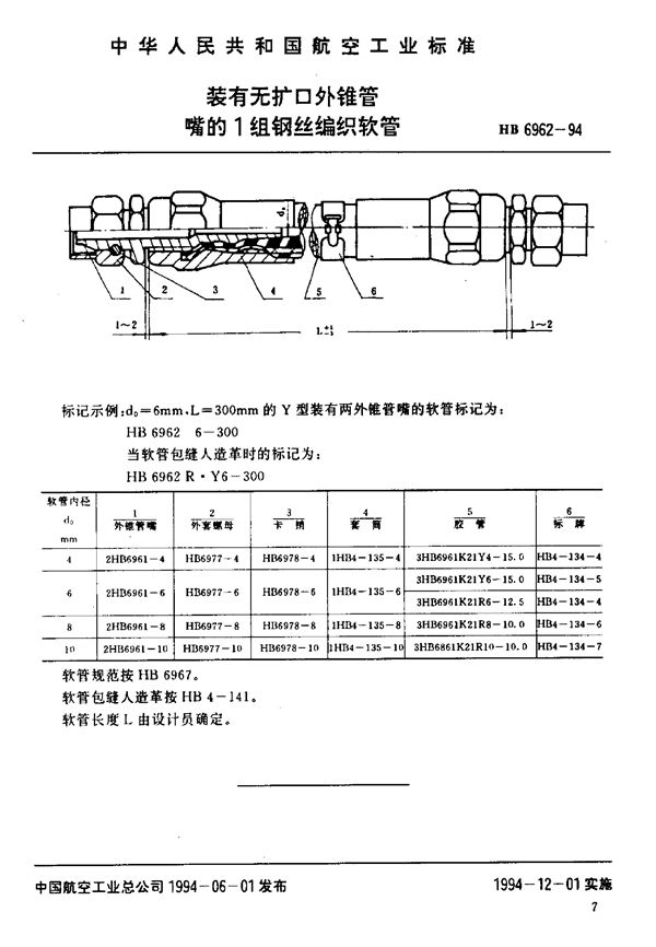 HB 6962-1994 装有无扩口外锥管嘴的1组钢丝编织软管