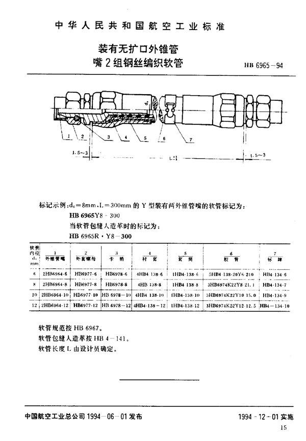 HB 6965-1994 装有无扩口外锥管嘴的2组钢丝编织软管