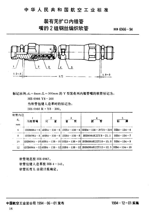 HB 6966-1994 装有无扩口内锥管嘴的2组钢丝编织软管