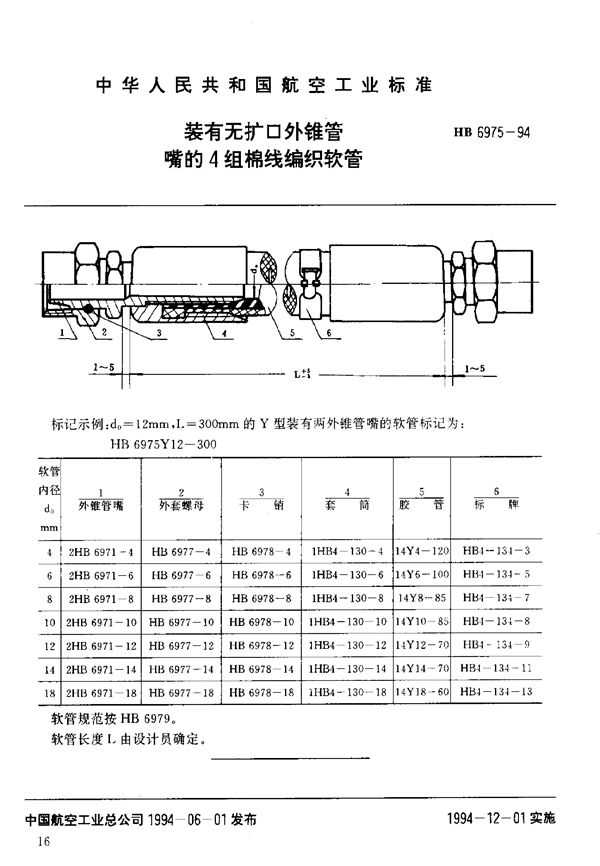 HB 6975-1994 装有无扩口外锥管嘴的4组棉线编织软管