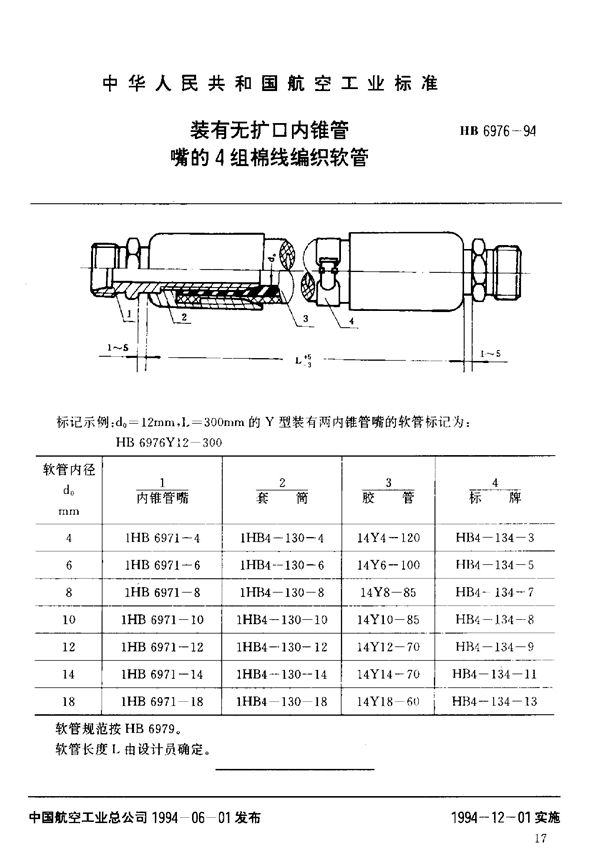 HB 6976-1994 装有无扩口内锥管嘴的4组棉线编织软管