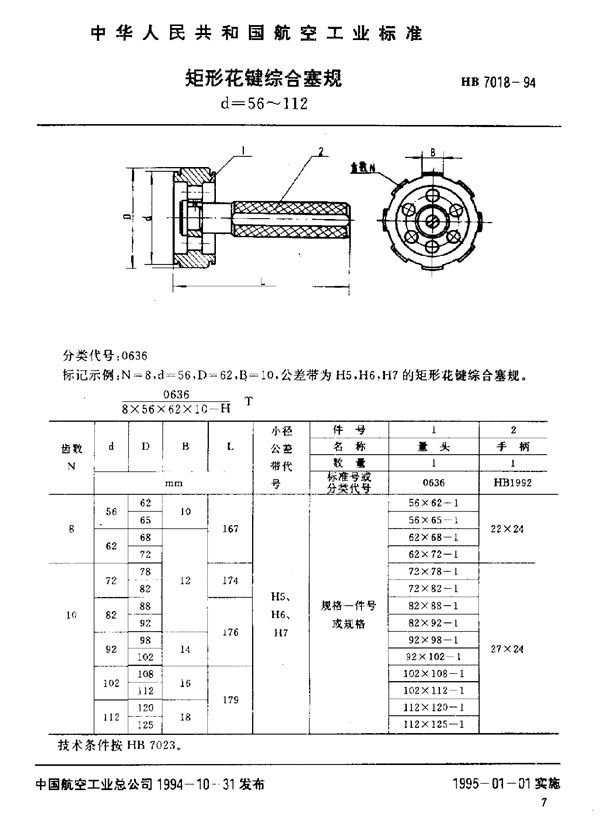 HB 7018-1994 矩形花键综合塞规 d=56～112