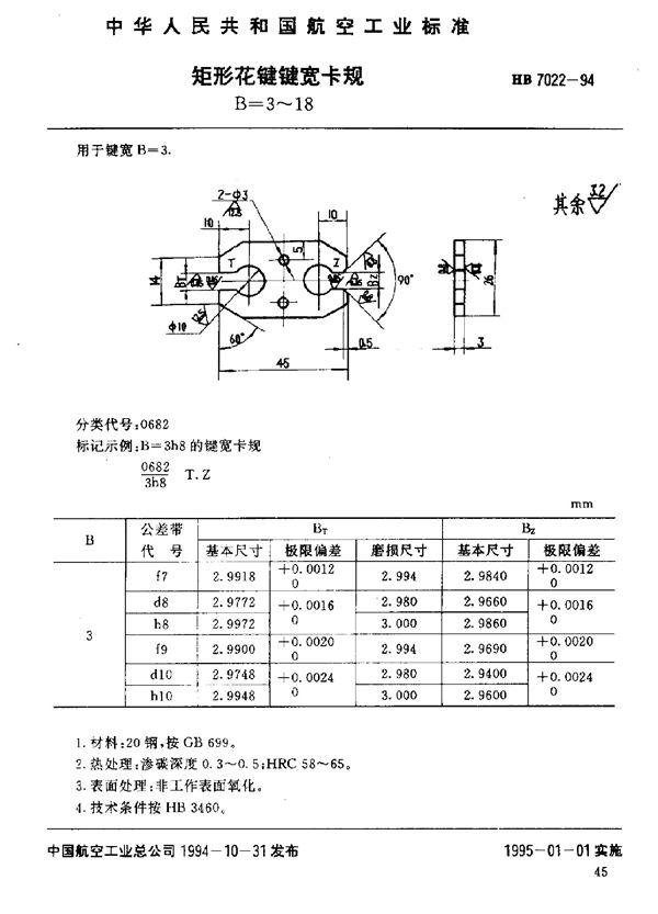 HB 7022-1994 矩形花键键宽卡规 B=3～18