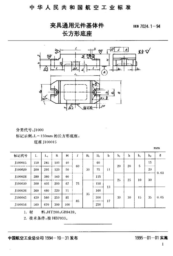 HB 7024.1-1994 夹具通用元件基体件