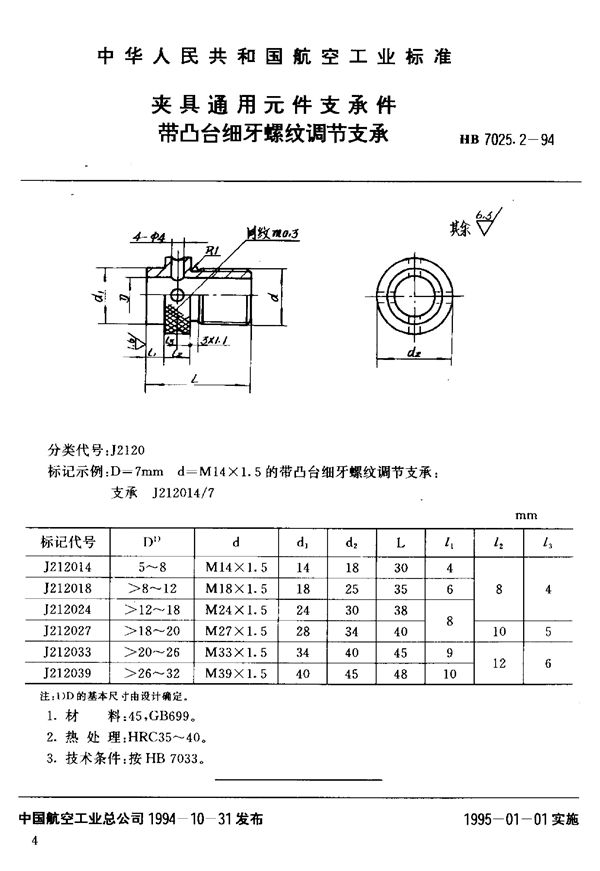 HB 7025.2-1994 夹具通用元件支承件带凸台细牙螺纹调节支承