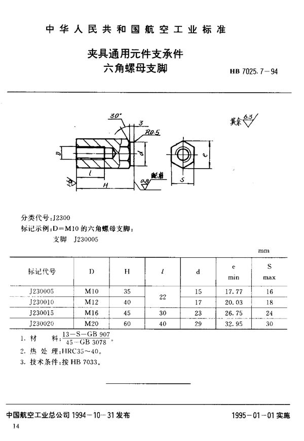 HB 7025.7-1994 夹具通用元件支承件六角螺母支脚