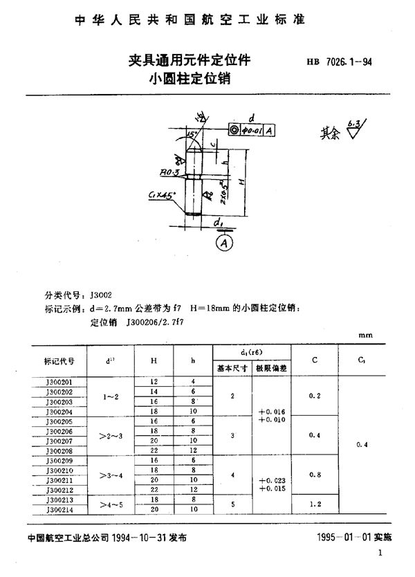 HB 7026.1-1994 夹具通用元件定位件 小圆柱定位销