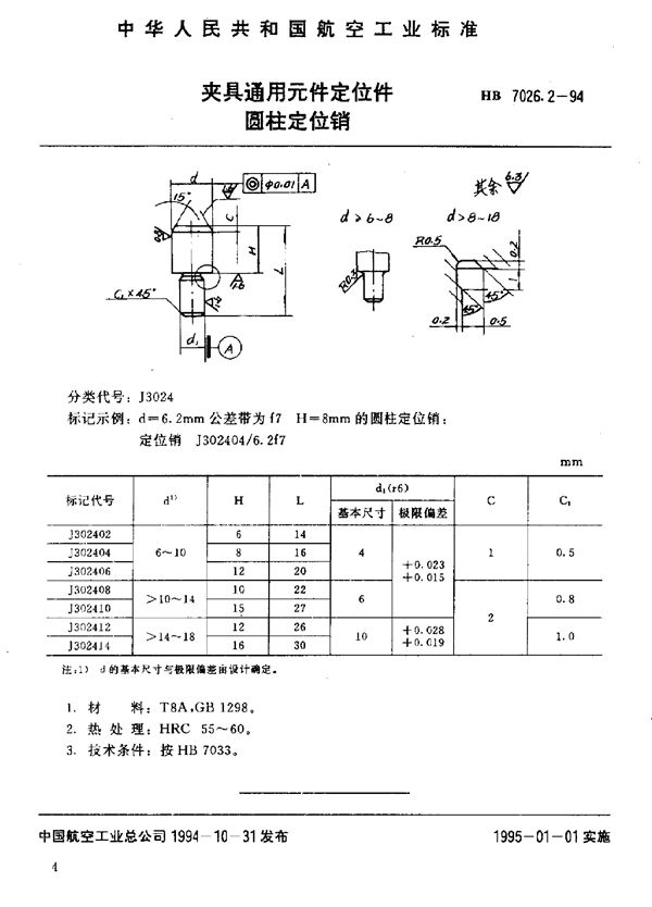 HB 7026.2-1994 夹具通用元件定位件 圆柱定位销