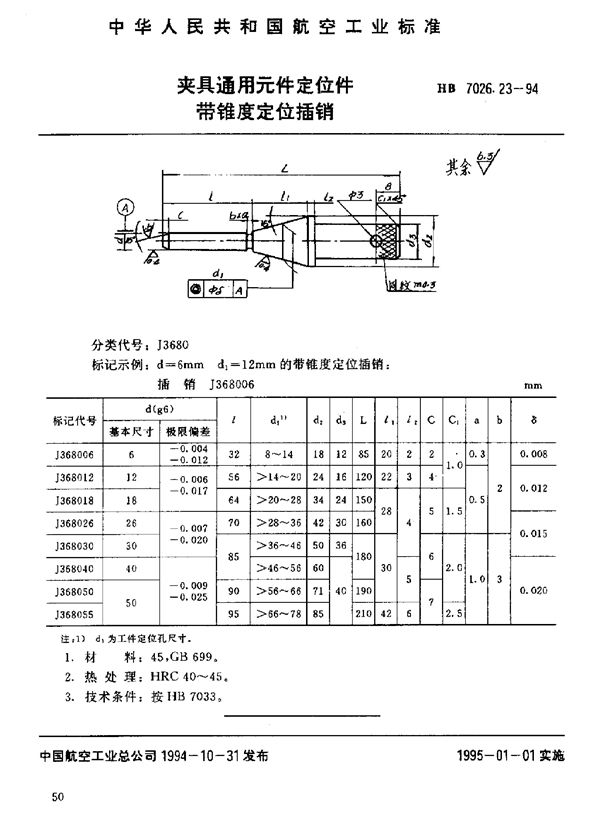 HB 7026.23-1994 夹具通用元件定位件 带锥度定位插销