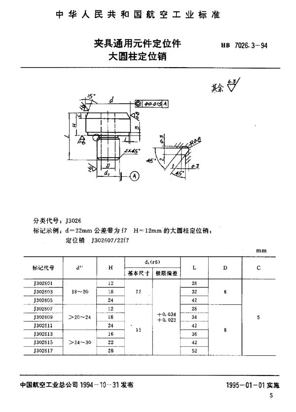 HB 7026.3-1994 夹具通用元件定位件 大圆柱定位销