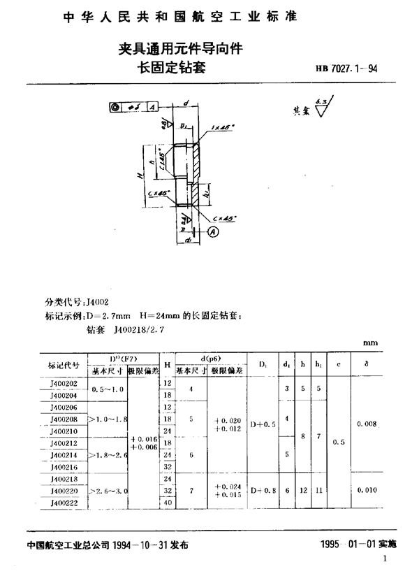 HB 7027.1-1994 夹具通用元件导向件长固定钻套