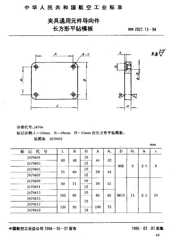 HB 7027.13-1994 夹具通用元件导向件长方形平钻模板