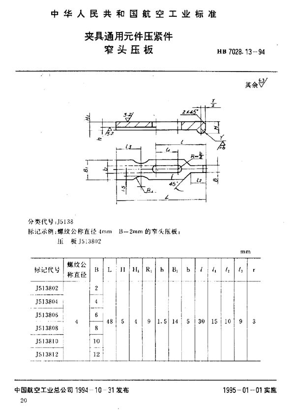 HB 7028.13-1994 夹具通用元件压紧件 窄头压板