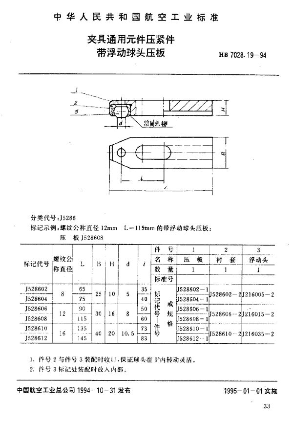 HB 7028.19-1994 夹具通用元件压紧件 带浮动球头压板