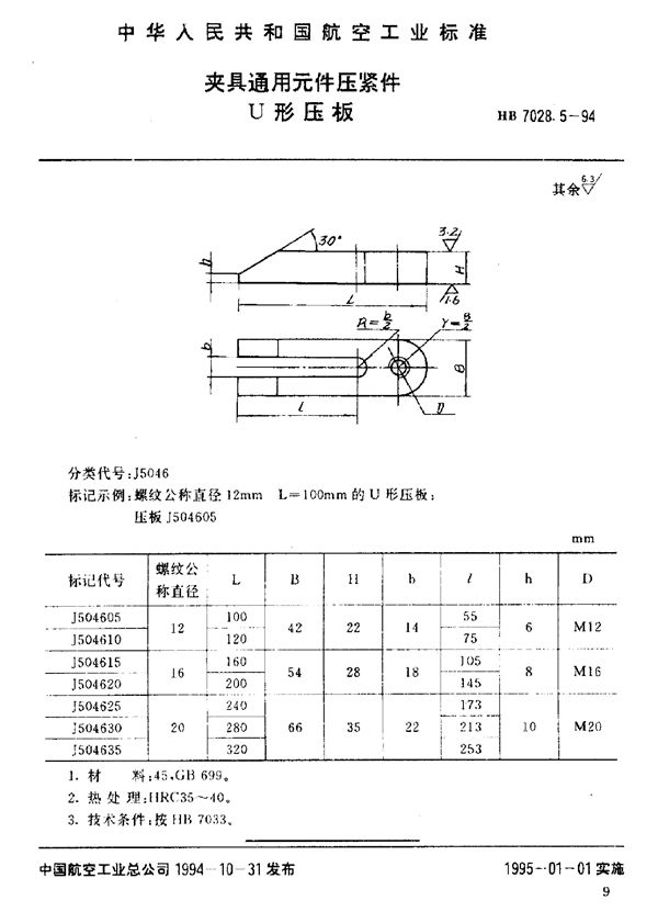 HB 7028.5-1994 夹具通用元件压紧件 U形压板