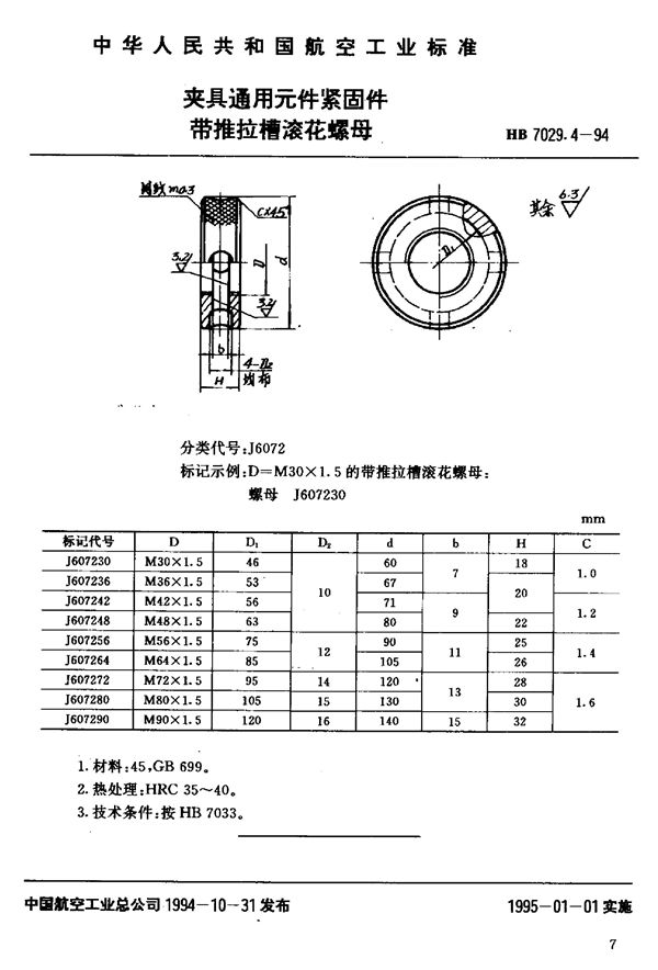 HB 7029.4-1994 夹具通用元件紧固件带推拉槽滚花螺母