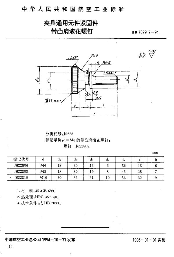 HB 7029.7-1994 夹具通用元件紧固件带凸肩滚花螺钉