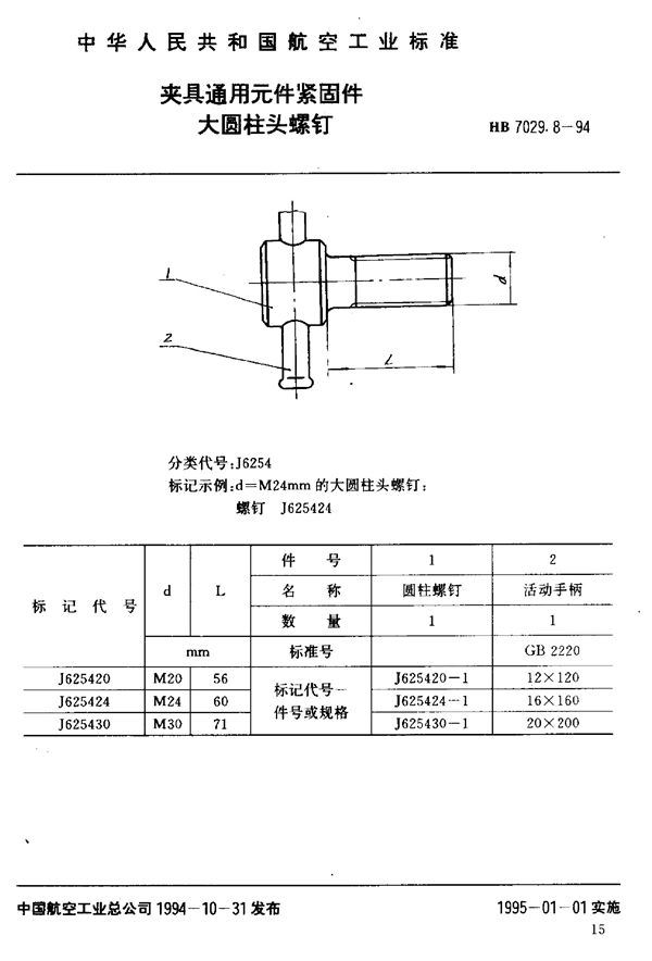 HB 7029.8-1994 夹具通用元件紧固件大圆柱头螺钉