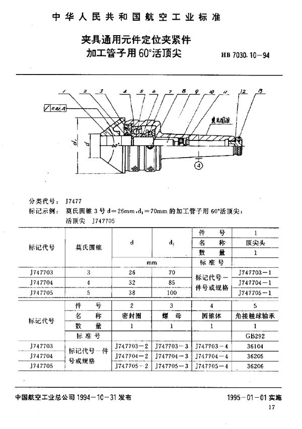 HB 7030.10-1994 夹具通用元件定位夹紧件 加工管子用60°活顶尖